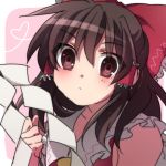  1girl :/ bow brown_eyes brown_hair close-up gohei hair_bow hair_ornament hair_ribbon hair_tubes hakurei_reimu hapoa holding looking_at_viewer ribbon solo touhou 