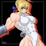  1girl blonde_hair fate/stay_night fate_(series) gauntlets green_eyes hair_bun leotard lowres muscle ren_(tainca2000) ribbon saber 