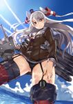  1girl :&lt; amatsukaze_(kantai_collection) black_panties blush brown_eyes choker garter_straps kantai_collection long_hair looking_at_viewer missile panties red_legwear rensouhou-chan silver_hair solo thigh-highs tsuuhan twintails underwear very_long_hair 