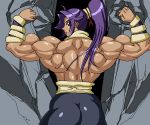  1girl ass back bleach brown_eyes flexing muscle ponytail pose purple_hair ren_(tainca2000) ribbon shihouin_yoruichi 