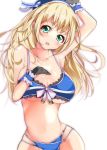  1girl absurdres arm_up armpits atago_(kantai_collection) bikini black_gloves blonde_hair blue_bikini breasts cleavage collarbone gloves green_eyes hand_on_own_chest hat highres kantai_collection large_breasts long_hair navel solo swimsuit underboob velia very_long_hair 