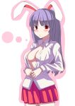 1girl absurdres animal_ears blush breasts cleavage collarbone colored_eyelashes dress_shirt hands_clasped highres long_hair long_sleeves looking_at_viewer open_clothes open_shirt purple_hair rabbit_ears red_eyes reisen_udongein_inaba shirt simple_background skirt solo touhou white_shirt 