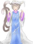  1girl animal_ears blush cat_ears cat_tail chen closed_eyes hat long_sleeves multiple_tails oversized_clothes paw_pose simple_background smile ta_gero tabard tagme tail touhou two_tails very_long_sleeves wide_sleeves yakumo_ran yakumo_ran_(cosplay) 