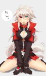  1girl animal_ears belt blazblue blush breasts cleavage_cutout collar dog_ears dog_tail genderswap gloves green_eyes heterochromia jacket long_hair looking_at_viewer open_mouth ragna_the_bloodedge red_eyes silver_hair sitting solo tail tomo_(tomorag7) v_arms very_long_hair wariza 