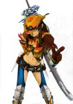  1girl belt blue_eyes brown_hair cowboy_hat furogi_(armor) gloves hat long_hair looking_at_viewer midriff monster_hunter navel one_eye_covered pointing pointing_at_viewer poncho scoutsmiso solo sword weapon 