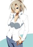  1girl blue_eyes breasts choker cleavage collared_shirt denim ear_studs earrings hand_on_hip jeans jewelry long_sleeves looking_at_viewer one_eye_covered original platinum_blonde ponytail shin&#039;ya_(nanp) short_hair smile solo 