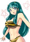  1girl absurdres blue_eyes breasts fangs green_hair highres horns large_breasts lum mokkori9 navel open_mouth setsubun simple_background sketch slim_waist smile solo star tiger_print tongue urusei_yatsura white_background 