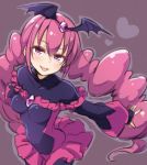  1girl bad_end_happy bad_end_precure bat_wings bodysuit breasts hair_ornament long_hair low_twintails pink_eyes pink_hair precure ruffled_skirt smile smile_precure! solo standing tight tokunou_shoutarou twintails violet_eyes wings 