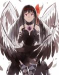  1girl akemi_homura akuma_homura black_gloves black_hair black_wings crying crying_with_eyes_open elbow_gloves feathered_wings feathers gloves hair_ornament hairband long_hair looking_at_viewer mahou_shoujo_madoka_magica mahou_shoujo_madoka_magica_movie nine_(liuyuhao1992) parted_lips solo tears violet_eyes wings 