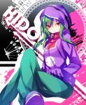  1girl 47agdragon character_name crossed_legs green_hair hands_in_pockets hoodie kagerou_project kido_tsubomi long_hair looking_at_viewer red_eyes sitting solo 
