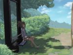  1girl absurdres auru_t brown_hair bush casual denim highres jewelry mouth_hold original pendant ponytail popsicle red_eyes sandals shorts sign sitting sky solo tree tree_shade 