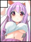  1girl alternate_costume animal_ears arms_behind_back blush breasts crop_top crop_top_overhang from_below highres large_breasts long_hair long_sleeves looking_at_viewer midriff miton15 navel no_bra pleated_skirt purple_hair rabbit_ears red_eyes reisen_udongein_inaba shirt shirt_lift short_sleeves simple_background skirt solo sweatdrop touhou white_shirt 
