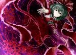  1girl dress flower green_hair grey_eyes kagiyama_hina kz_nagomiya outstretched_arms outstretched_hand puffy_short_sleeves puffy_sleeves red_dress ribbon short_sleeves solo spider_lily touhou 