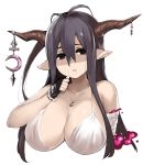  1girl antenna_hair bandages blush breasts danua fingerless_gloves gloves granblue_fantasy hair_between_eyes horn_ornament horns huge_breasts jewelry long_hair moru_(monaka) necklace pointy_ears red_eyes shaded_face solo upper_body 