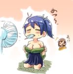 /\/\/\ 2girls bare_shoulders blue_hair blush breasts brown_hair cleavage closed_eyes commentary_request electric_fan engiyoshi fan hiryuu_(kantai_collection) japanese_clothes kantai_collection mouth_hold multiple_girls open_mouth popsicle seiza short_hair side_ponytail sitting skirt souryuu_(kantai_collection) sweat twintails undressing 