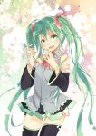  1girl detached_sleeves flower green_eyes green_hair hatsune_miku highres long_hair moonku nail_polish petals skirt solo thigh-highs twintails very_long_hair vocaloid 