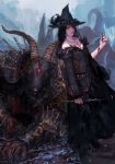  1girl black_hair blood dagger dress hat highres ishidah magic minotaur original solo_focus wand weapon witch_hat 