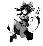  1girl ascot bare_shoulders bobby_socks bow breasts detached_sleeves floating frilled_shirt_collar gomi_(gomitin) hair_bow hair_tubes hakurei_reimu large_bow loafers monochrome ofuda open_mouth shoes sitting skirt skirt_set socks solo touhou tsurime vest wide_sleeves 