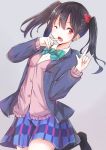  1girl ;d \m/ black_hair blazer bow looking_at_viewer love_live!_school_idol_project onakasuitao! one_eye_closed open_mouth plaid plaid_skirt red_eyes school_uniform skirt smile solo twintails yazawa_nico 