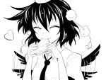  1girl ashiroku_(miracle_hinacle) eating flapping monochrome necktie sandwich shameimaru_aya short_hair touhou wings 