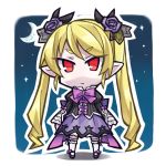 &gt;:/ 1girl blonde_hair borrowed_character bow chibi chroma000 crescent_moon flower flower_on_head hair_ornament long_hair looking_at_viewer moon original pale_skin pointy_ears red_eyes tagme twintails 