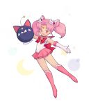  1girl bishoujo_senshi_sailor_moon boots bow brooch chibi_usa choker double_bun elbow_gloves gloves hair_ornament hairpin jewelry knee_boots luna-p magical_girl outstretched_arms pink_hair pink_skirt pleated_skirt red_eyes ribbon sailor_chibi_moon sailor_collar short_hair signature skirt smile solo spread_arms tiara twintails white_background white_gloves yui35 