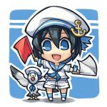  1girl :d anchor_symbol black_hair blue_eyes borrowed_character chibi chroma000 flag hat holding looking_at_viewer open_mouth original sailor_dress sailor_hat smile tagme 