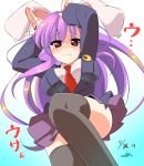  1girl animal_ears arms_behind_head arms_up black_legwear blazer blush breasts dress_shirt gradient gradient_background highres jacket large_breasts long_hair long_sleeves looking_at_viewer miton15 necktie one_leg_up purple_hair rabbit_ears red_eyes reisen_udongein_inaba shirt solo tearing_up thigh-highs touhou very_long_hair wavy_mouth white_shirt 