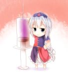  1girl barefoot bikuseno blue_eyes braid chibi dress hand_on_hip hat long_hair looking_at_viewer minigirl red_background silver_hair smile solo syringe touhou yagokoro_eirin 