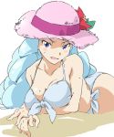  1girl bikini blue_eyes blue_hair blush breasts happinesscharge_precure! hat hosshiwa long_hair open_mouth precure solo straw_hat swimsuit umanosuke 