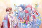  2boys bendan-daizi blue_hair cake cape caster_(fate/zero) crown fate/zero fate_(series) food highres jewelry multiple_boys shoggoth staff sweets tentacles uryuu_ryuunosuke 