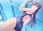  1girl black_hair competition_swimsuit dutch_angle female from_below long_hair one-piece_swimsuit original red_eyes solo swimsuit takuya_kame 