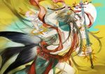  1boy artist_request buddhism cherry_blossoms flower grey_hair jewelry long_hair lotus multiple_arms original shirtless smile sword weapon yellow_background yellow_eyes 