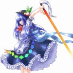 1girl arms_behind_head arms_up black_eyes blue_hair bow expressionless food frilled_skirt frills fruit hat hinanawi_tenshi komiruku layered_skirt leaf long_hair long_skirt parted_lips peach profile short_sleeves simple_background skirt solo sword_of_hisou touhou white_background