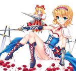  1girl alice_margatroid alternate_costume blonde_hair blue_eyes blush book boots breasts capelet dress fingerless_gloves flower fred0092 gloves hairband highres looking_at_viewer multiple_girls rose shanghai_doll short_hair sitting smile sword touhou weapon 