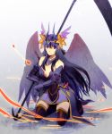  1girl bare_shoulders breasts cleavage feathered_wings flower full_body gauntlets gradient gradient_background hair_flower hair_ornament head_wings jewelry long_hair looking_away necklace overskirt persephone_(p&amp;d) pointy_ears purple_clothes purple_hair purple_legwear purple_skirt purple_wings puzzle_&amp;_dragons scythe shadow skirt sleeveless solo ten_(kisako) thigh-highs tiara violet_eyes weapon wings 