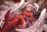  1girl angel_wings bodysuit boots breasts crossed_legs dual_persona final_fantasy final_fantasy_tactics hatomune6 head_wings long_hair red_eyes silver_hair sitting solo sword thigh_boots thighhighs ultima_(fft) underboob underboob_cutout weapon wings 