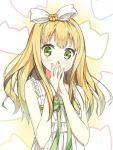  1girl azuki_azusa blonde_hair blush casual covering_mouth dress fingers_together green_eyes hair_ornament headband hentai_ouji_to_warawanai_neko kantoku_(style) long_hair looking_at_viewer sky_(freedom) solo white_dress 