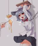  1girl animal_ears arms_up chain cheese collar dress_shirt drooling grey_hair highres koza mouse_ears mouse_tail nazrin open_mouth red_eyes restrained shirt short_hair skirt solo_focus tail touhou 