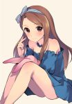  1girl bangs bare_legs bare_shoulders blue_dress blush bow brown_eyes brown_hair dress hair_bow hairband idolmaster jewelry long_hair looking_at_viewer minase_iori necklace simple_background sitting smile solo strapless_dress stuffed_animal stuffed_bunny stuffed_toy swept_bangs tousaki_umiko 