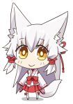  1girl :&gt; animal_ears brown_eyes chibi chroma000 fox_ears fox_tail looking_at_viewer original pleated_skirt skirt smile solo tagme tail white_hair 
