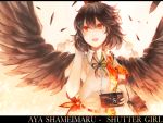  1girl :d bag bird_wings brown_hair camera character_name collared_shirt english feathers hat open_mouth pom_pom_(clothes) puffy_short_sleeves puffy_sleeves red_eyes rikkido shameimaru_aya short_hair short_sleeves shoulder_bag smile solo tokin_hat touhou 
