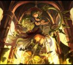  1girl boots floating floating_object green_eyes green_hair harp hat instrument long_hair looking_at_viewer open_mouth pixiv_fantasia pixiv_fantasia_fallen_kings pointy_ears rikkido wind 