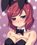  1girl :&lt; animal_ears blush breasts bunnysuit cleavage detached_collar fake_animal_ears highres love_live!_school_idol_project nishikino_maki purple_background rabbit_ears redhead short_hair solo tears tosia violet_eyes 