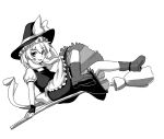  1girl apron boots bow broom broom_riding dress fingerless_gloves gloves gomi_(gomitin) hand_on_headwear hat hat_bow kirisame_marisa long_hair looking_at_viewer monochrome open_mouth puffy_short_sleeves puffy_sleeves reclining sash short_sleeves sitting_on_broom smile solo touhou waist_apron witch_hat 
