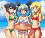  3girls anchovy beach bikini black_hair blonde_hair braid brown_eyes carpaccio drill_hair girls_und_panzer green_eyes green_hair highres innertube long_hair multiple_girls pepperoni_(girls_und_panzer) red_eyes sarong solokov_(okb-999) swimsuit twin_drills twintails 