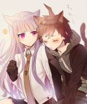  ! 1boy 1girl ahoge animal_ears braid brown_hair cat_ears dangan_ronpa gloves hair_ribbon hoodie inseki_tarou kirigiri_kyouko long_hair naegi_makoto necktie purple_hair ribbon single_braid sleeping spoken_exclamation_mark tail violet_eyes 