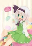  1girl :d aqua_eyes ascot cookie food holding konpaku_youmu konpaku_youmu_(ghost) looking_at_viewer open_mouth rowtan short_hair silver_hair sitting smile touhou 