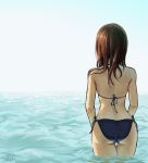  1girl ass back bikini blue_bikini brown_hair long_hair original side-tie_bikini solo swimsuit wading water wet wox 