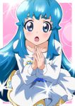  1girl :o blue_eyes blue_hair blush dress happinesscharge_precure! long_hair looking_at_viewer open_mouth precure shirayuki_hime surprised 